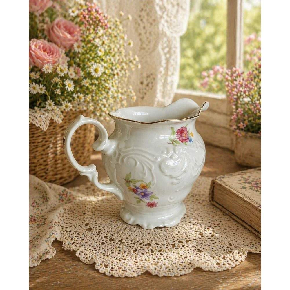 Walbrzych Poland White Embossed Floral Gold Rim‎ Creamer Cottage Vtg Tea Party